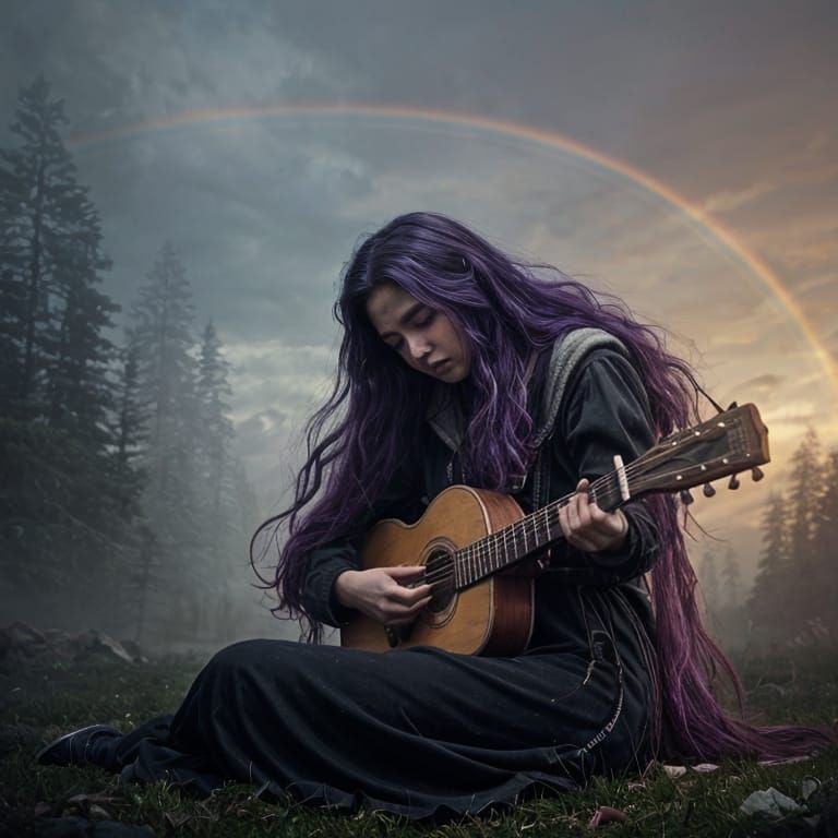 Woman on Rainbow with Guitar, Sinister Digital Art