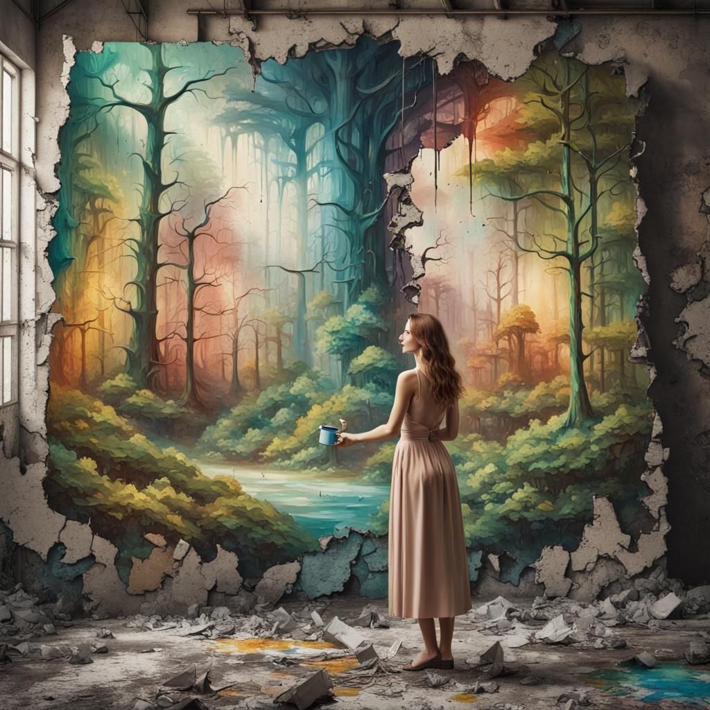 Woman Paints Fairy Forest Mural, Surreal Vintage Art
