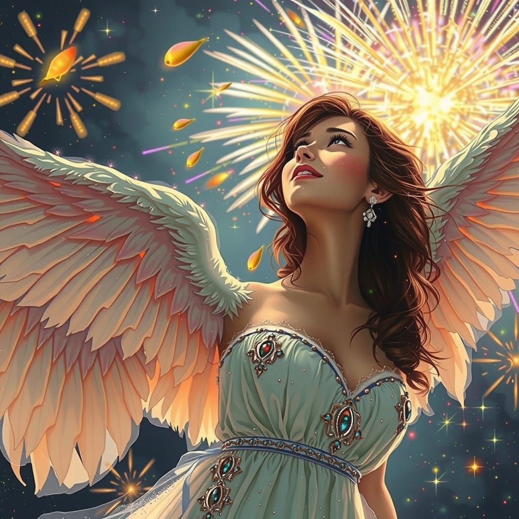 Celestial Angel Watches Fireworks in Dreamy Astral Landscape