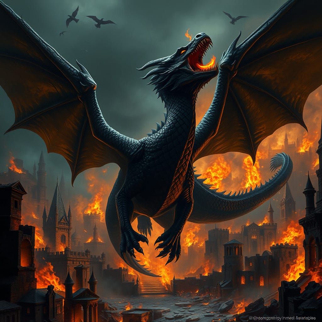 Majestic Dark Fantasy Dragon Amidst Ancient Ruins
