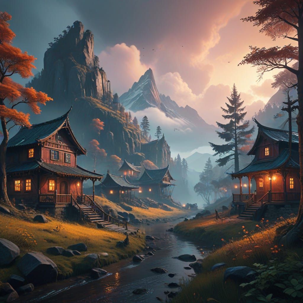 Surreal Mountain Village in Dreamlike HDR