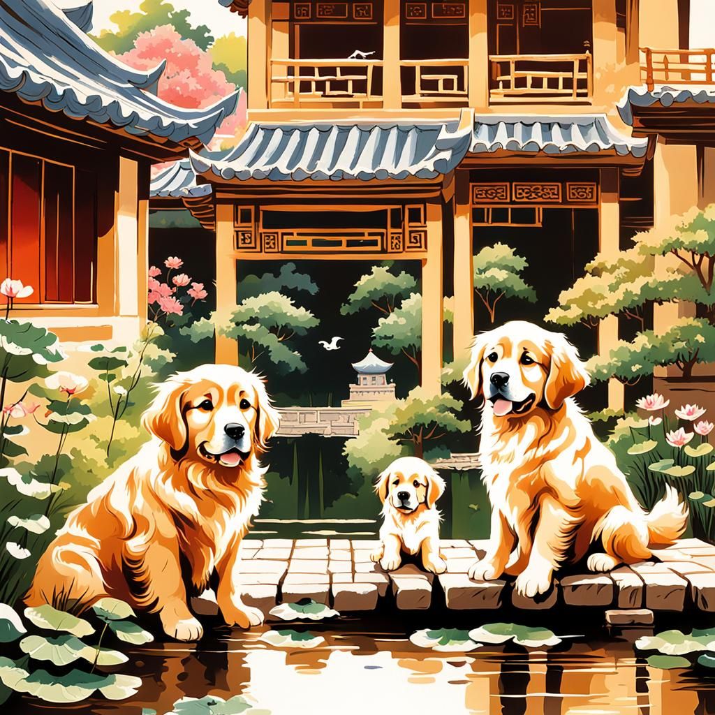 Golden Retriever Puppies in Wuxia Donghua Style