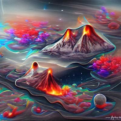 Cosmic Volcanoes in Mixed Media Illustration