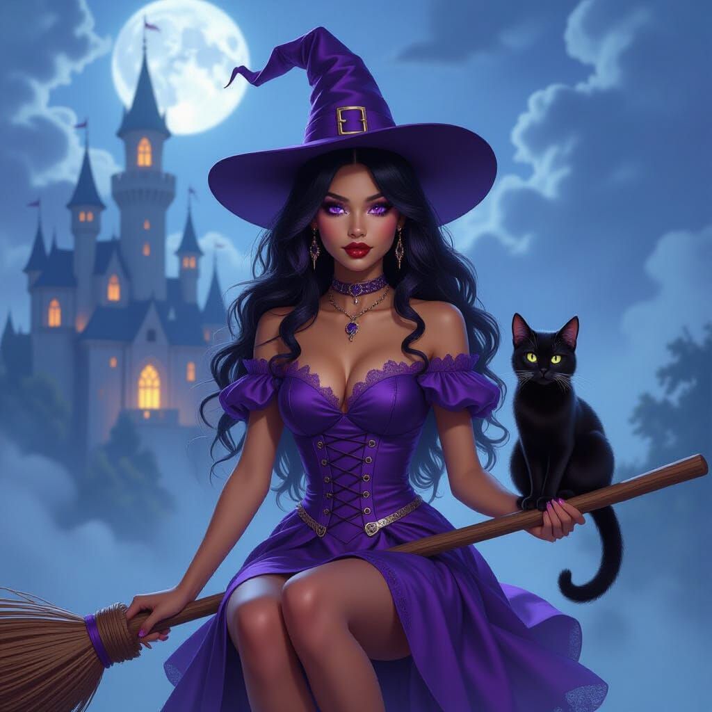 Teenage Witch and Black Cat on Broomstick