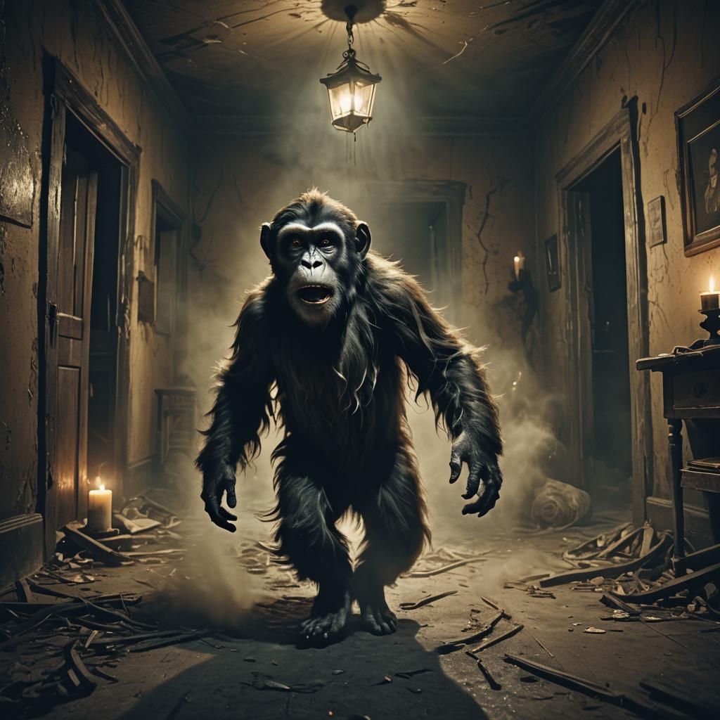 Monkey and Ghost in Abandoned House: Dark Fantasy Illustrati...