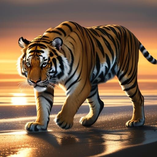 Tiger Walks on Beach in National Geographic Style