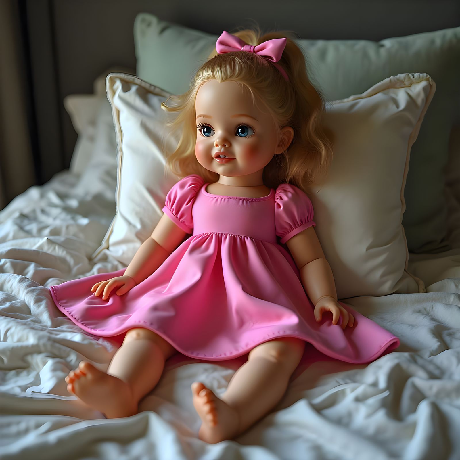 Hyper-Realistic Portrait of Inflatable Doll on Bed