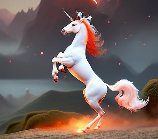 Rearing Unicorn with Fiery Mane Under Red Moon