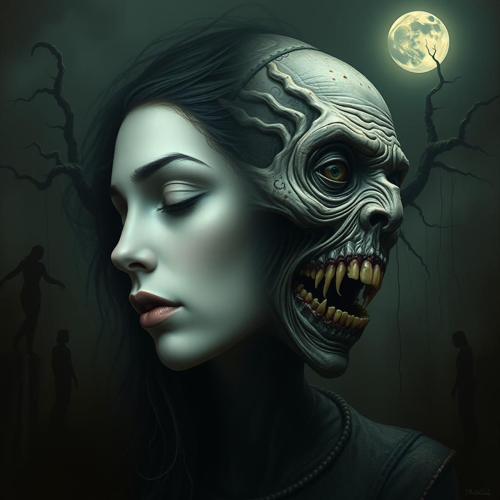 Mystical Woman with Dual Faces in Dark Surrealism