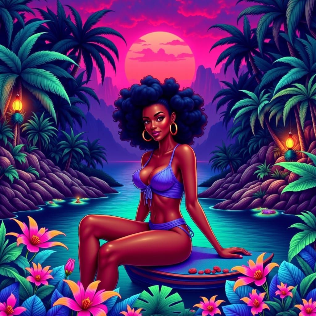 Woman in Tropical Paradise with Synthwave Boat