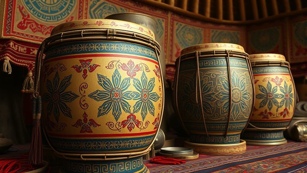 Realistic Mongolian Drums in Traditional Ger Setting