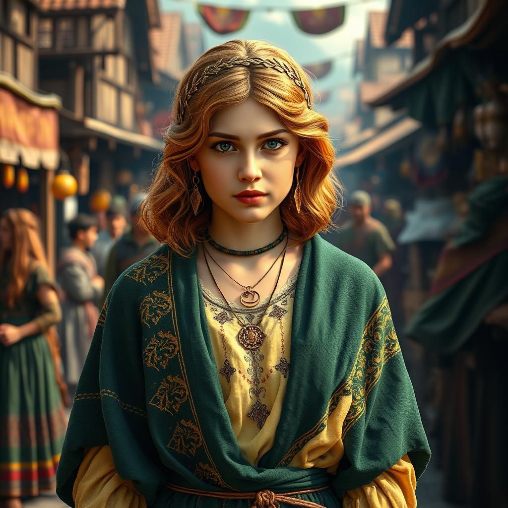 Iron Age Latvian Woman in a Bustling Marketplace