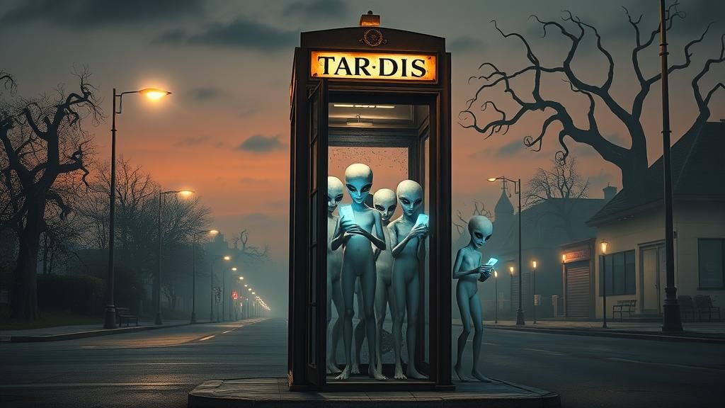 Twilight Street Scene: Aliens in a Vintage Phone Booth