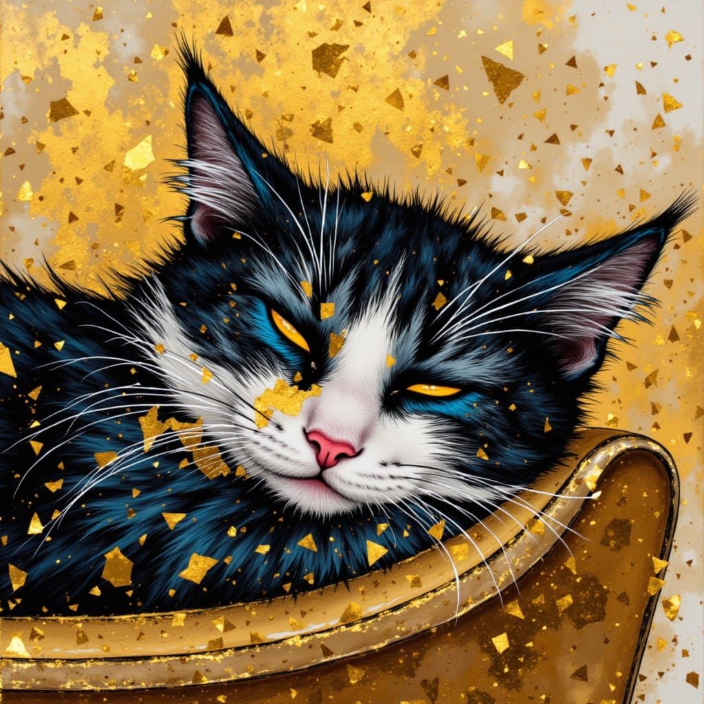 Cat Sleeping on Chair with Gold Leaf Shimmer