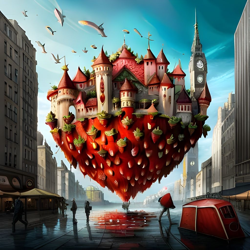 Giant Strawberry Spaceship Over Cityscape
