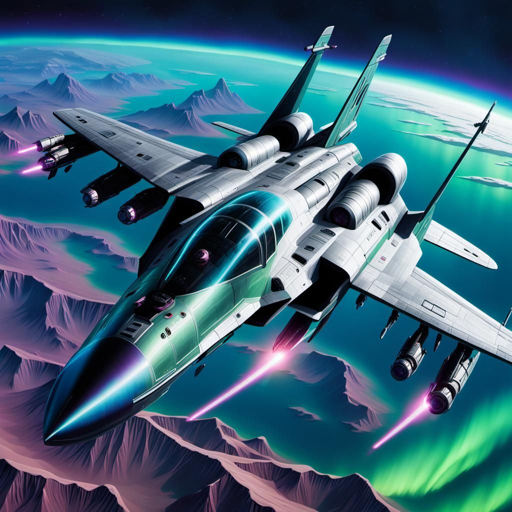 Global Defender Soars Through Aurora Borealis: Sci-Fi Art