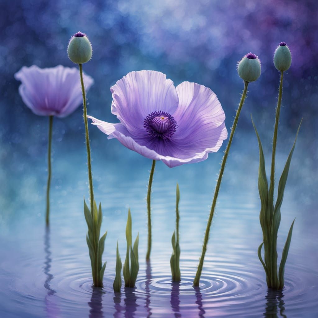 Ethereal Purple Poppy on Moonlit Pond Digital Painting