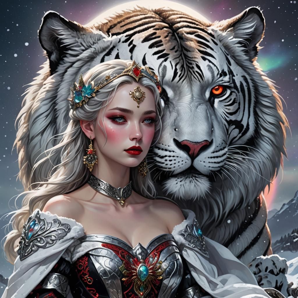 Goddess Petting a Tiger Under Aurora Borealis