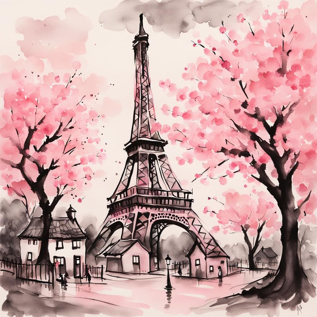 Pink Eiffel Tower in Whimsical Ink Wash Style
