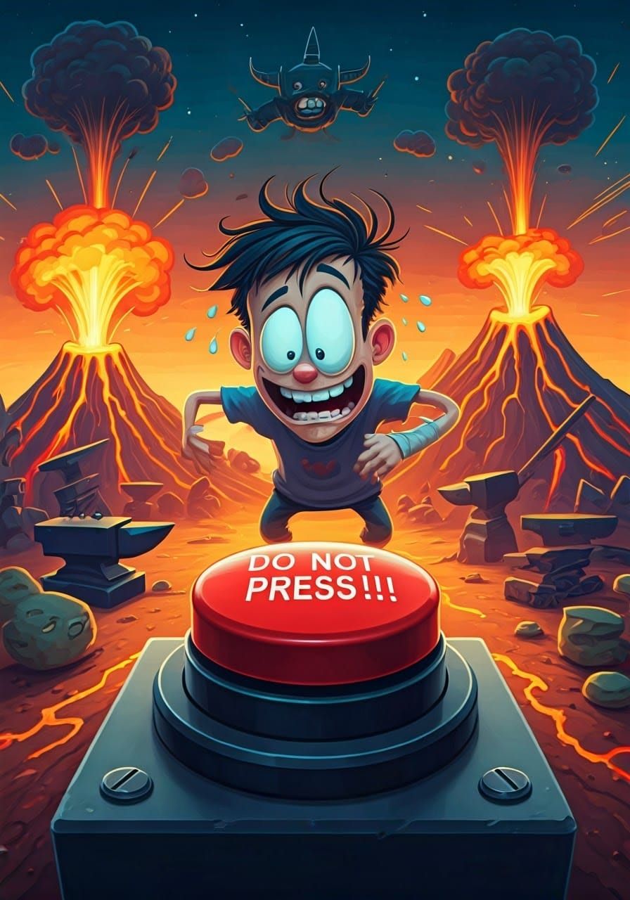 Cartoon Chaos: Giant Button and Mischief Ensue in a Cyberpun...