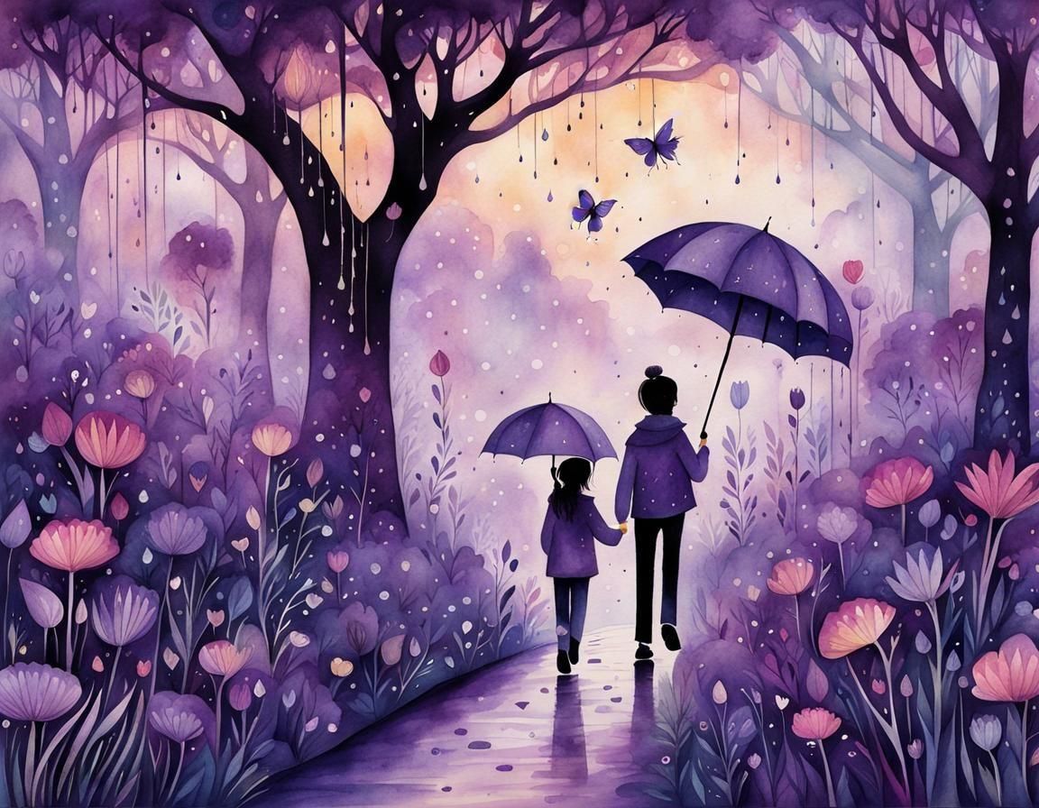 Whimsical Twilight Rain Scene in Watercolor Style