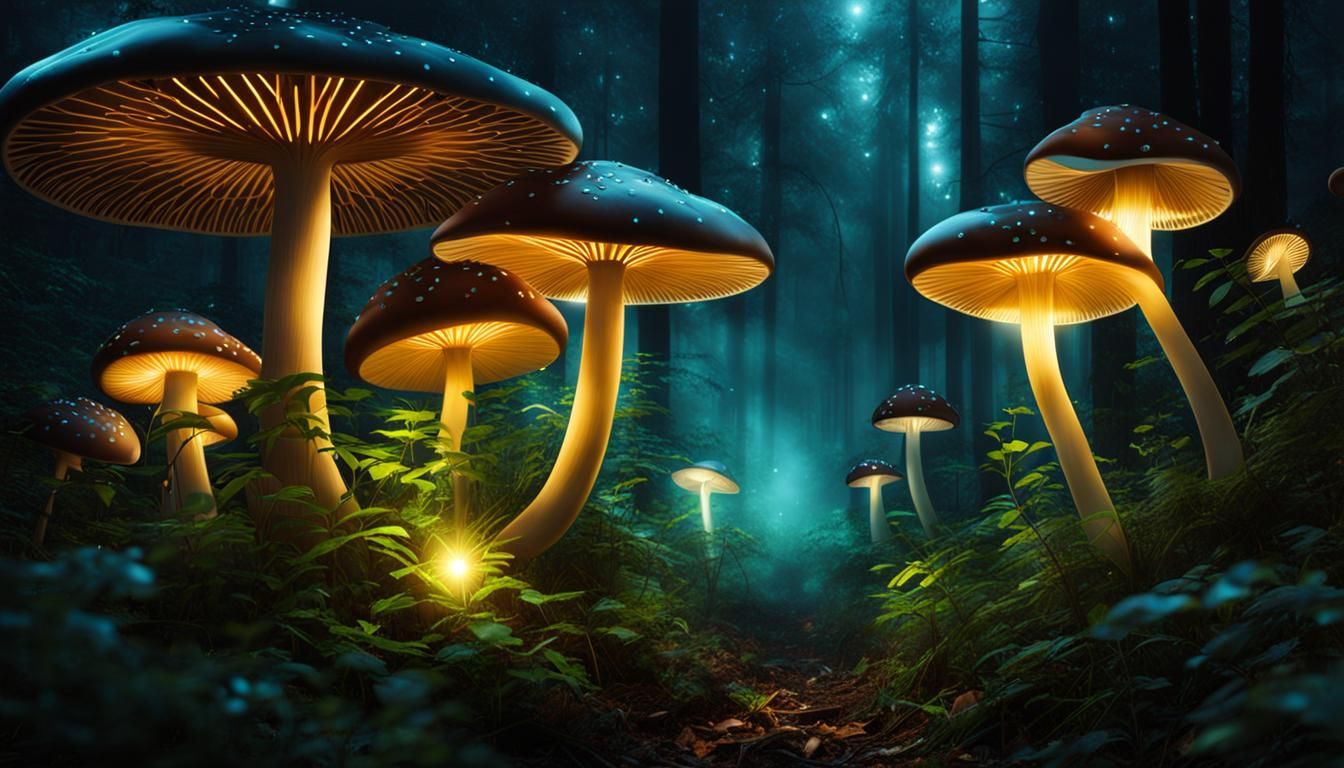 Bioluminescent Forest Mushrooms at Night in Art Deco Style