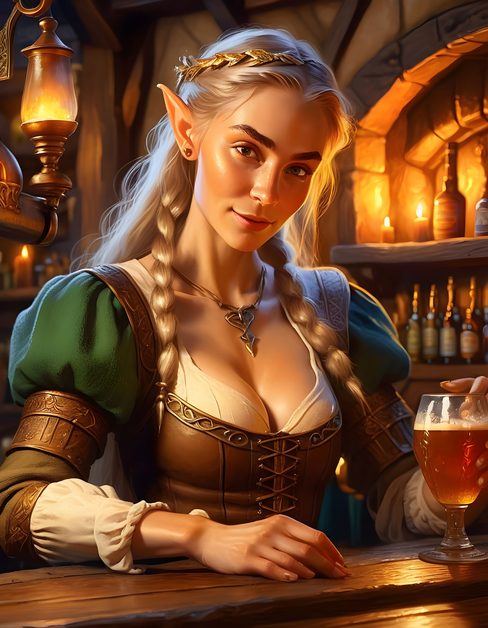 Elven Barmaid in Medieval Fantasy Tavern
