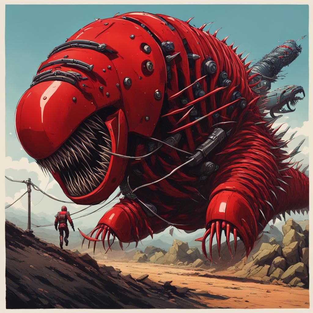 Giant Red Leech Monster with Robotic Legs
