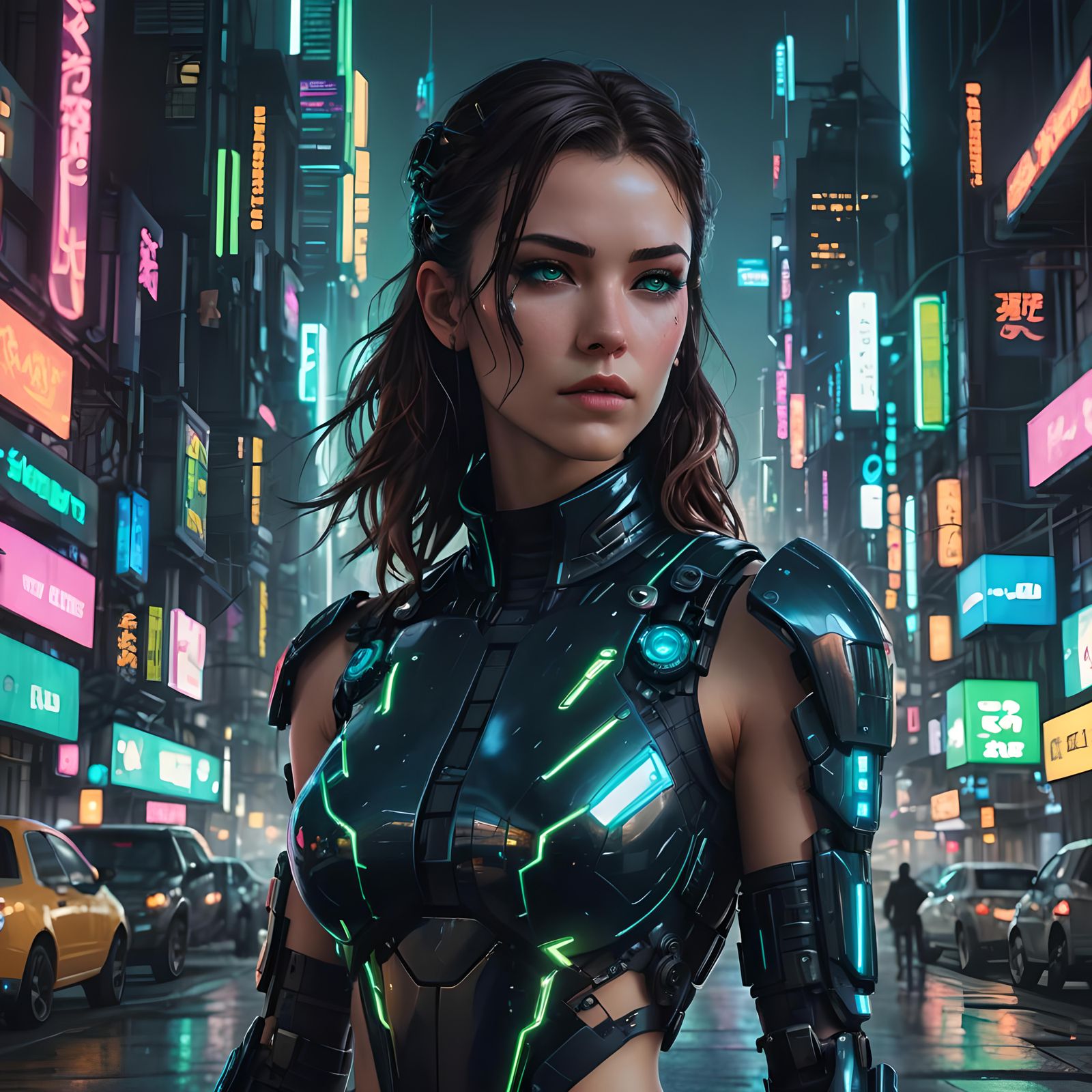 Cyborg Woman Nova in Futuristic Cityscape