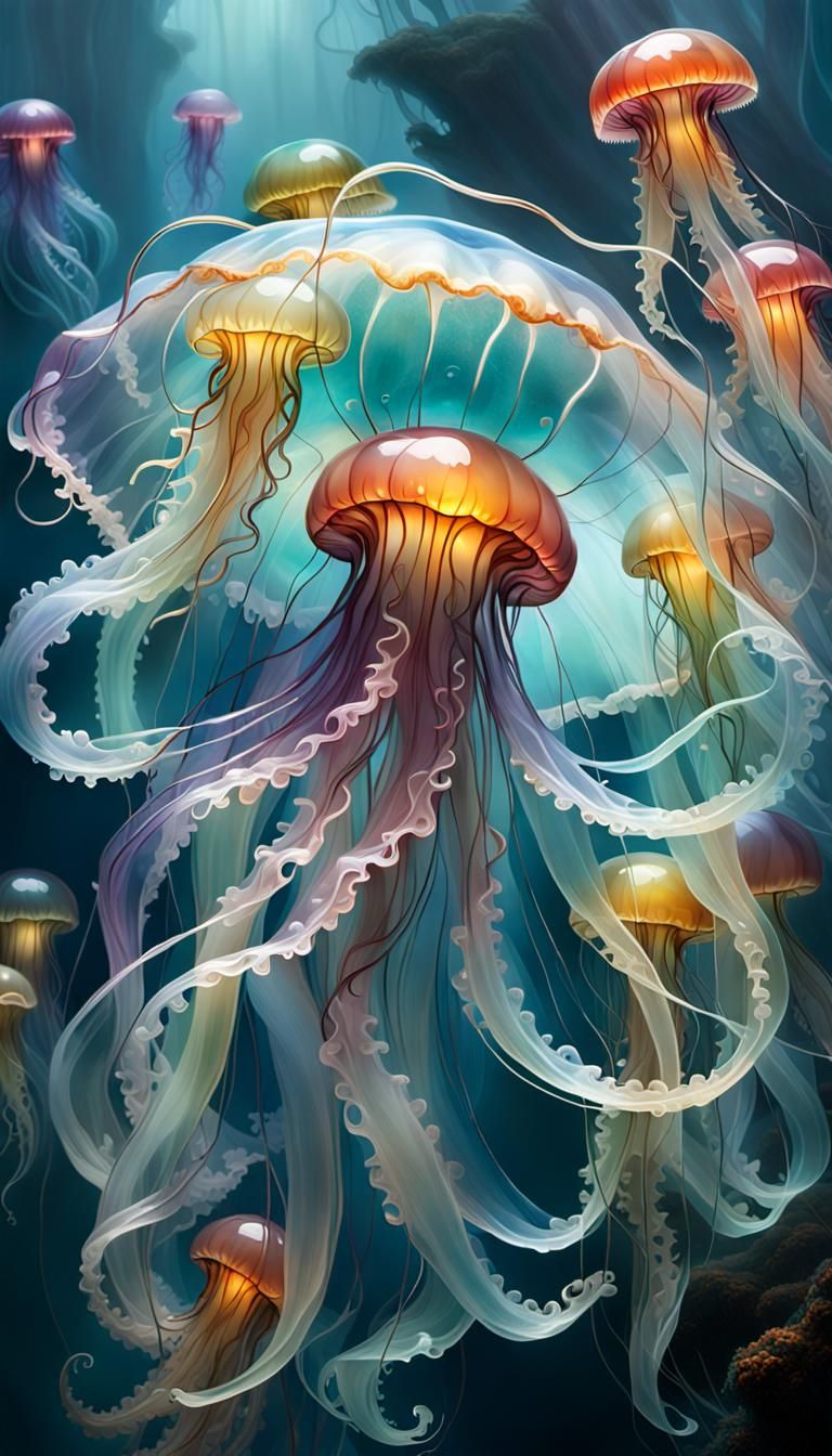 Translucent Jellyfish in Fog, Photorealistic Digital Art