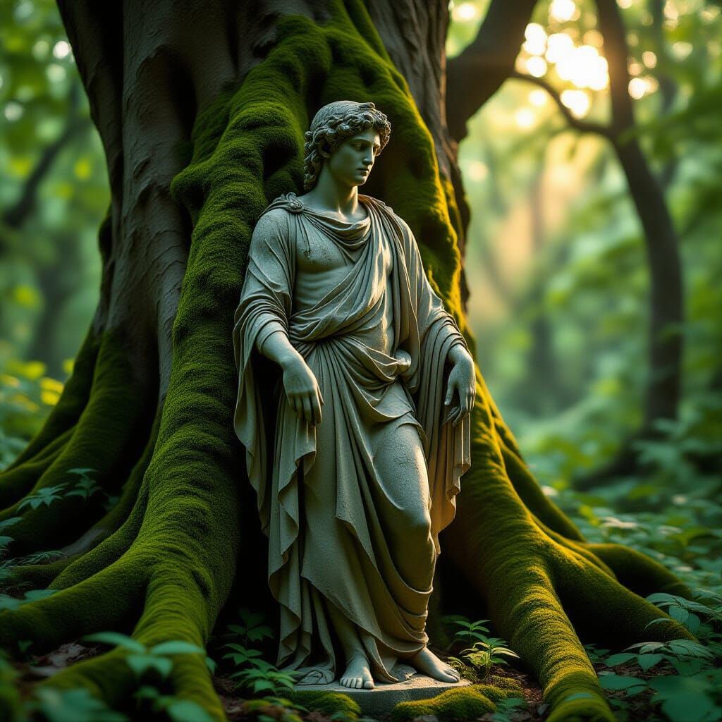 Moss-Covered Ephebe Statue in Overgrown Forest