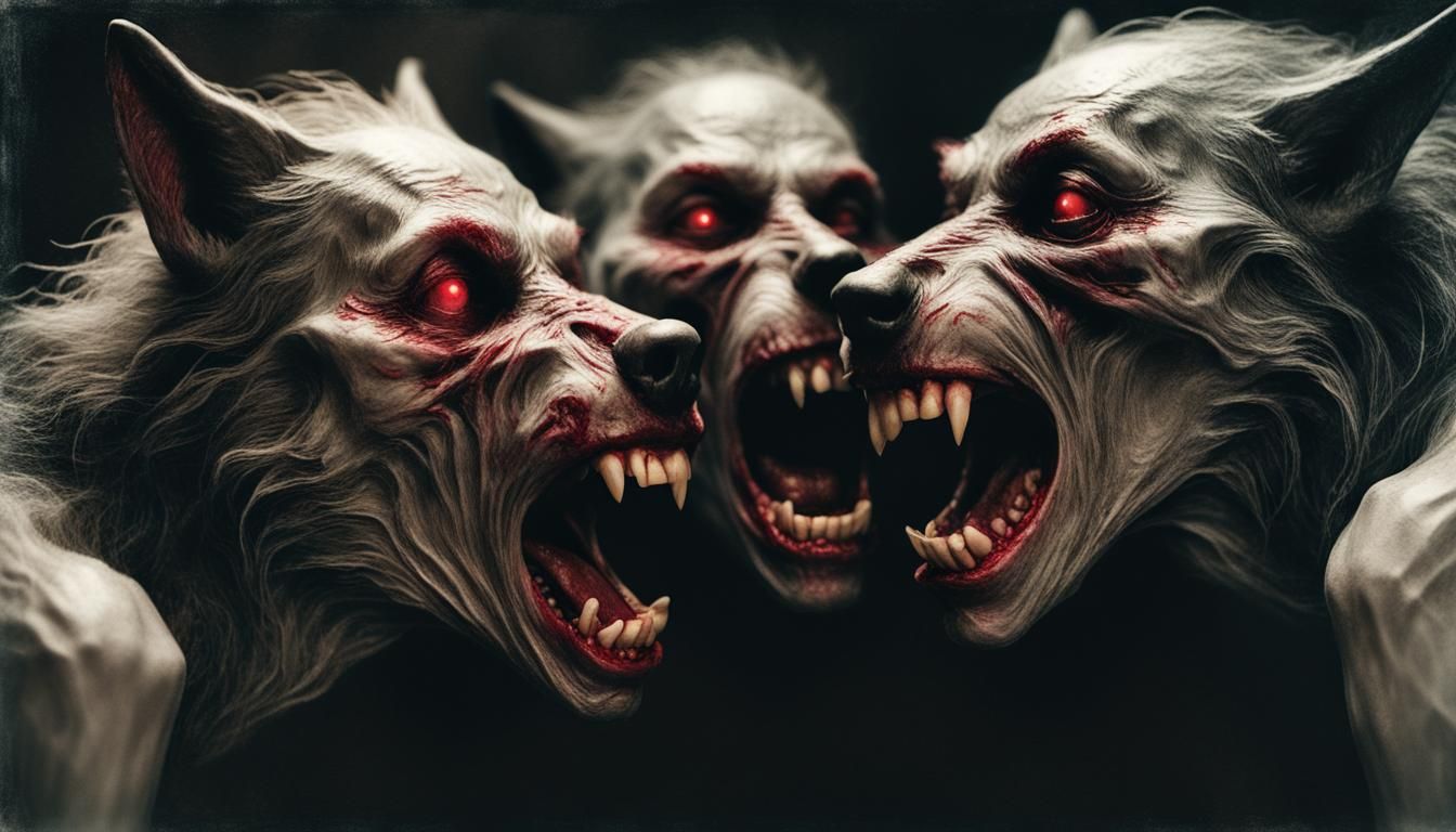 Horror photorealism soft focus polaroid:(Werewolves:1.3) huddled, crimson staind teeth." wide-angle lens shadow depth,ch...