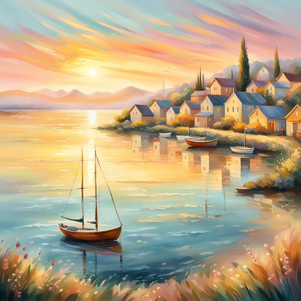 Coastal Village at Sunrise in Impressionist Style