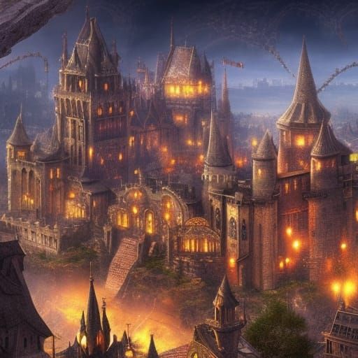 Epic Wizardly Castle and Town Digital Painting
