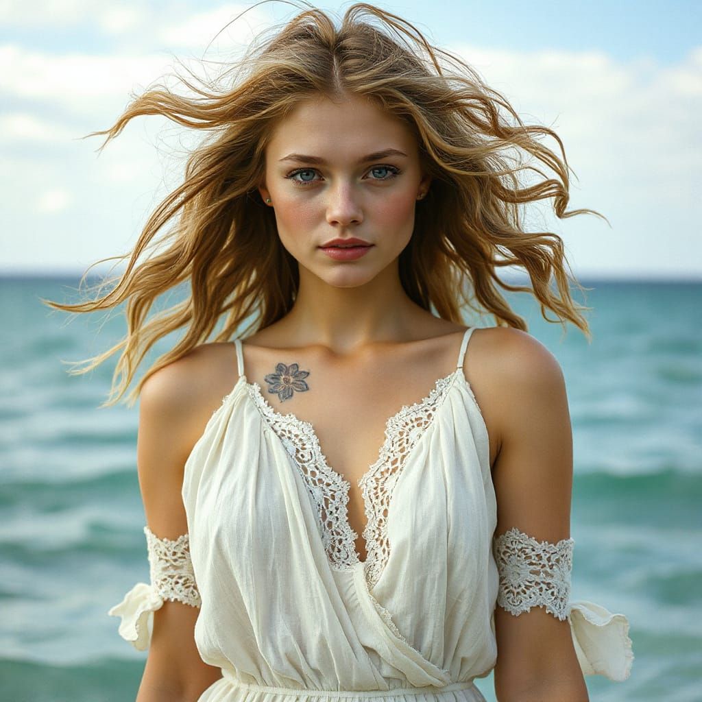 Gentle Woman with Piercing Eyes and Flower Tattoo
