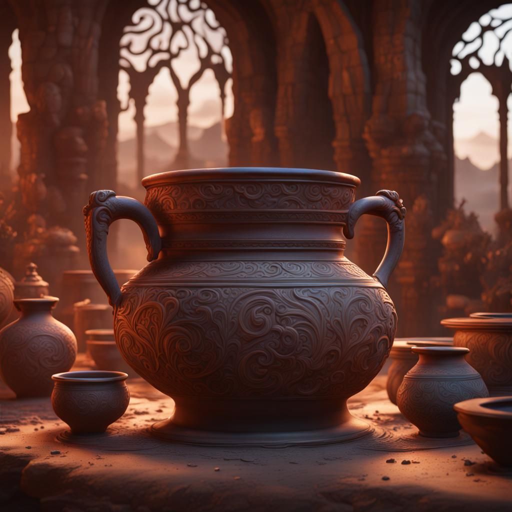 Fantastical Clay Pottery in Detailed Matte Painting