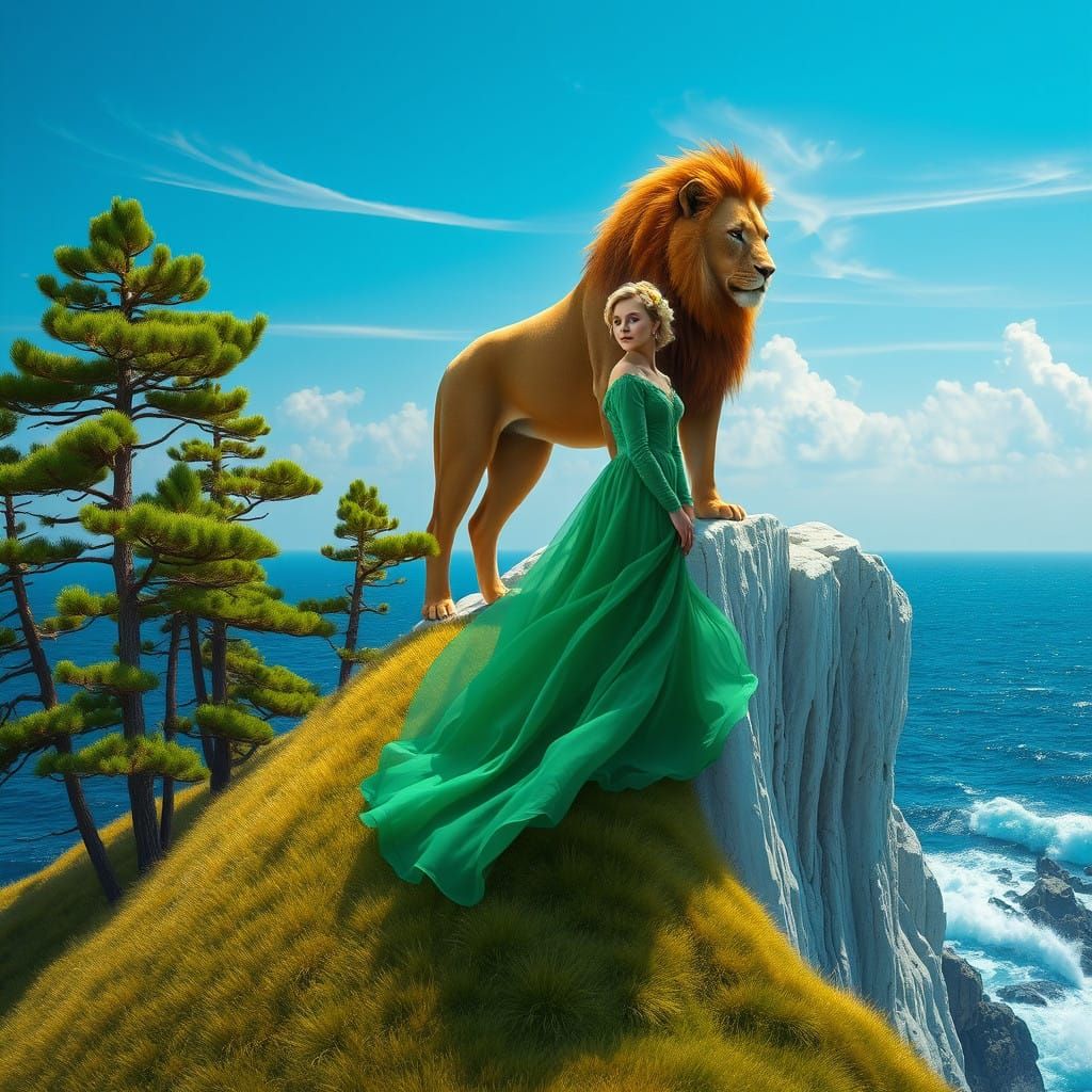 Majestic Lion and Woman Stand Proud on Chalk Cliff