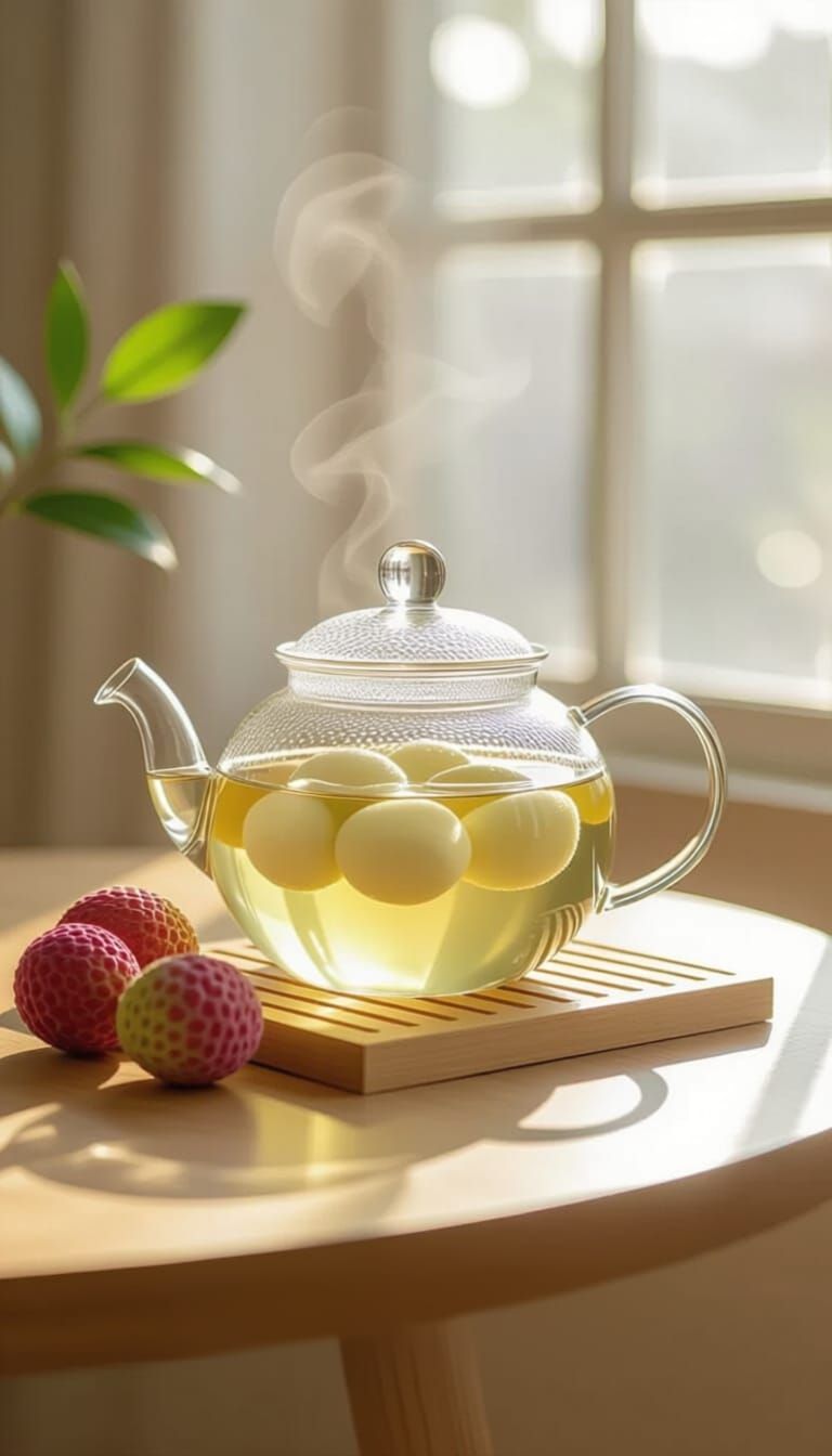 Iced Lychee Green Tea in Glass Teapot with Morning Sunlight