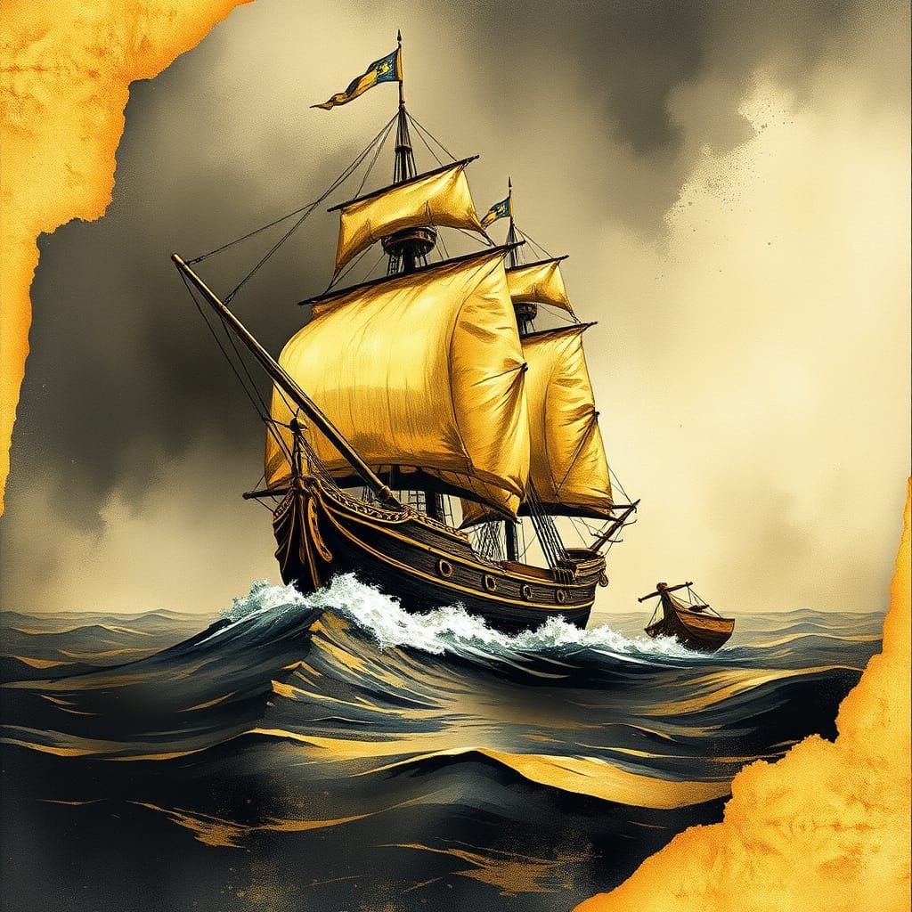 Fantasy Ship at Sea in Gold and Black Ink