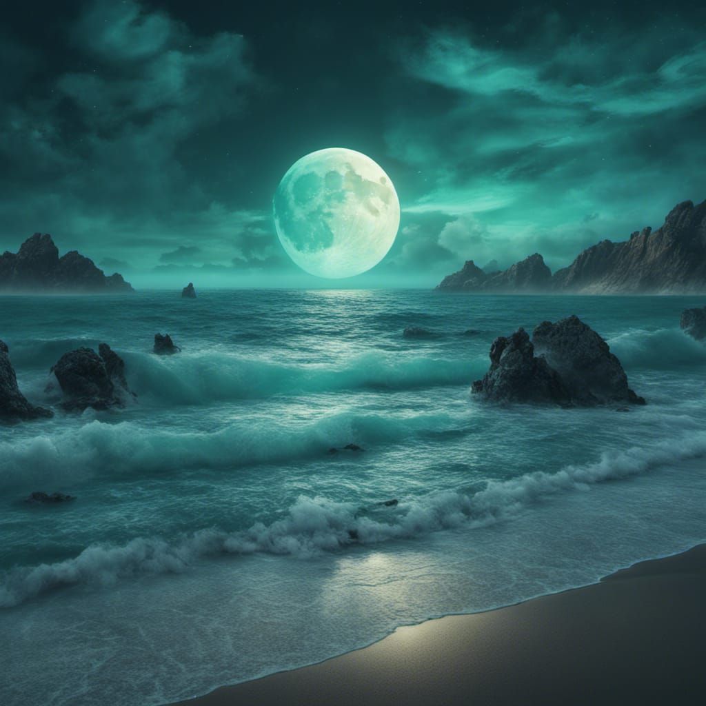 Mystical Ocean Beach Under Alien Moon