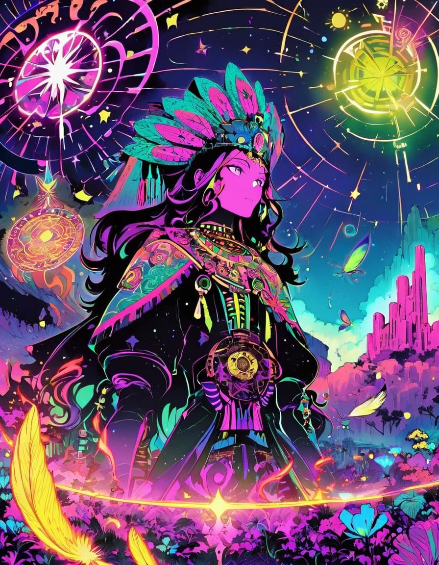 Epic Anime-Style Poster Artwork of Aztec Shaman in Fantasy C...