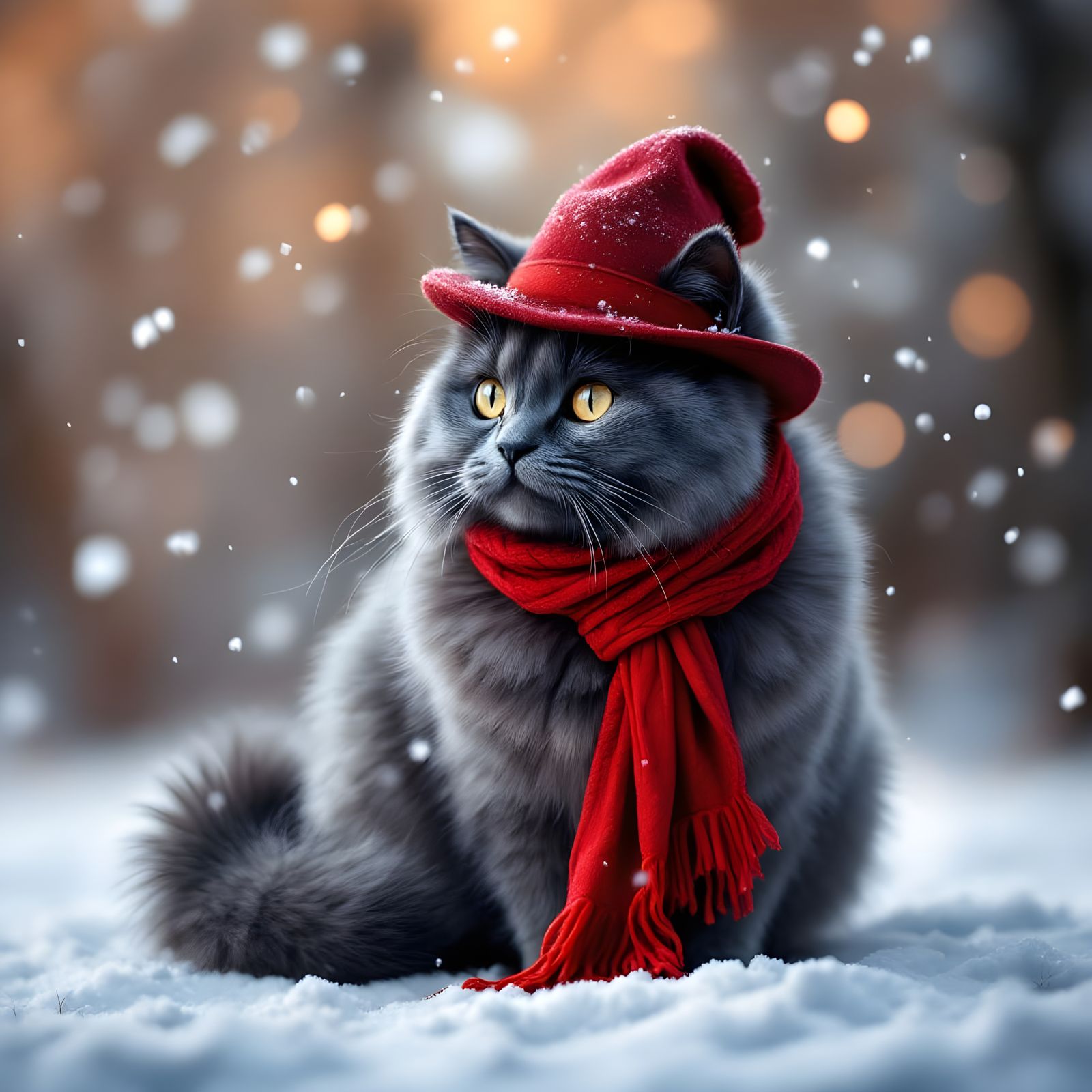 Russian Blue Cat in Red Scarf and Hat Stands on Snowy Backgr...
