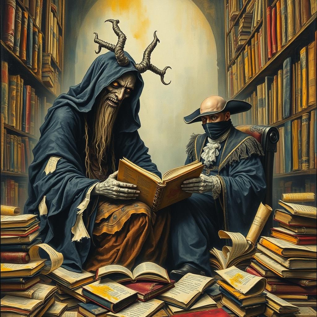 Baba Yaga Devours Books with Othello: Gouache and Watercolor