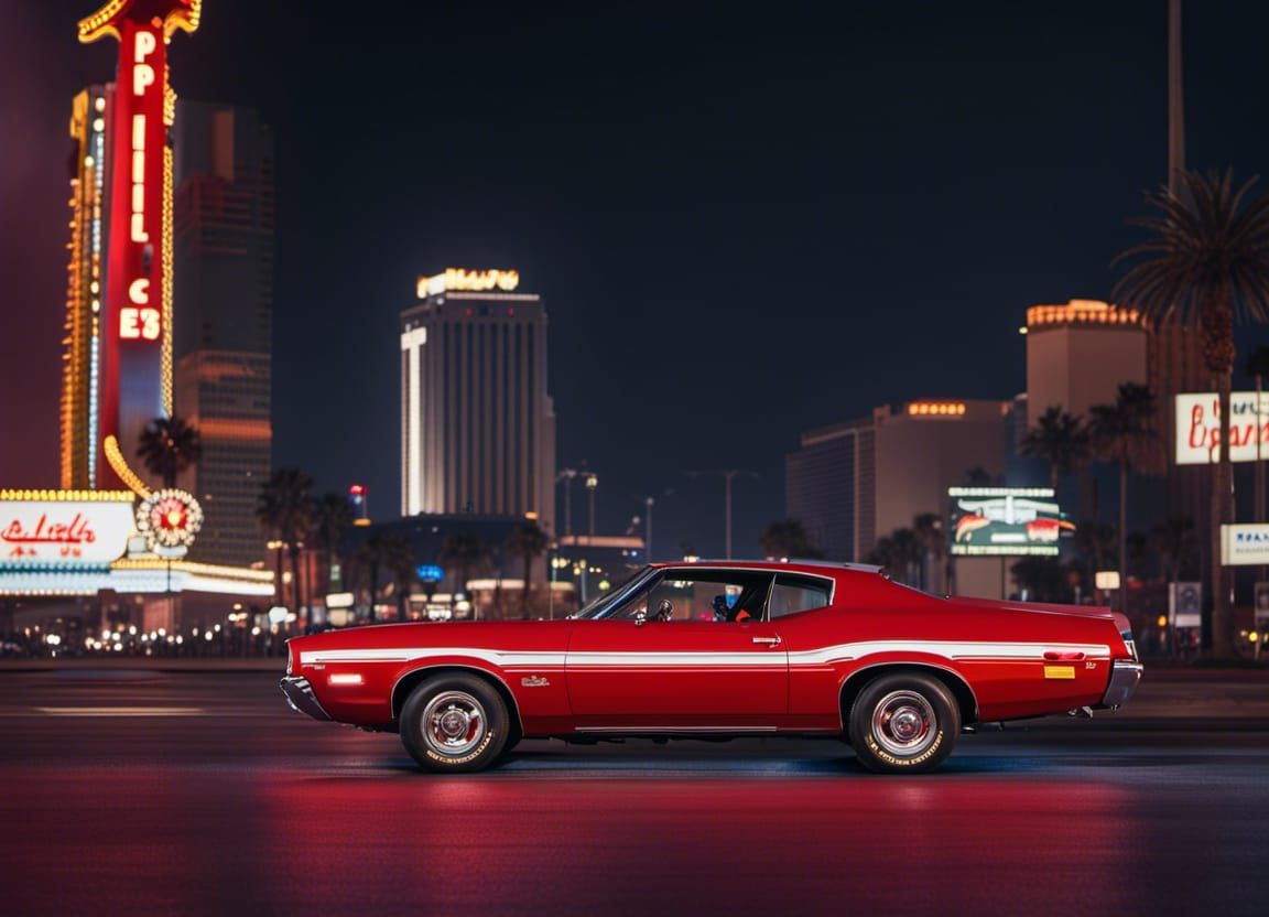Red 1972 Ford Gran Torino in Las Vegas Blvd.