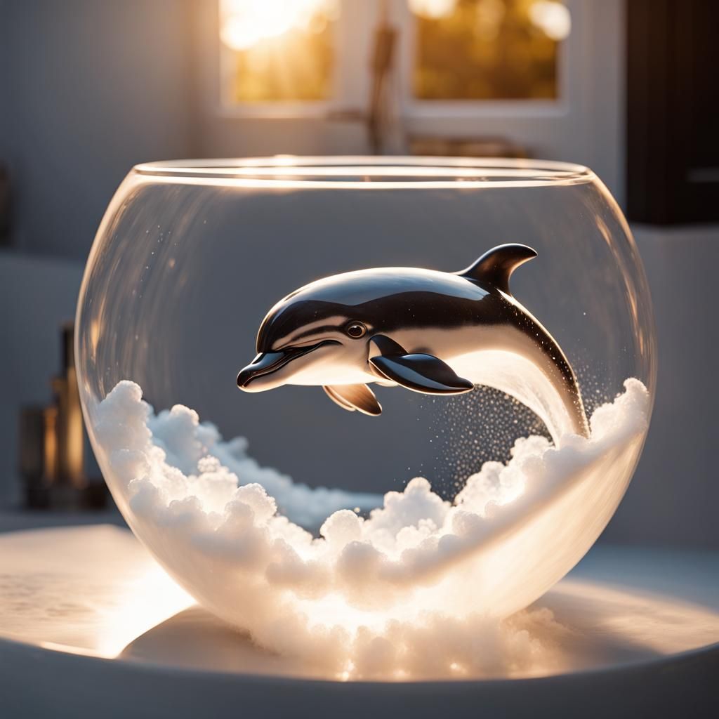 Dolphin Bubble in Marble Tub with Golden Hour Lighting