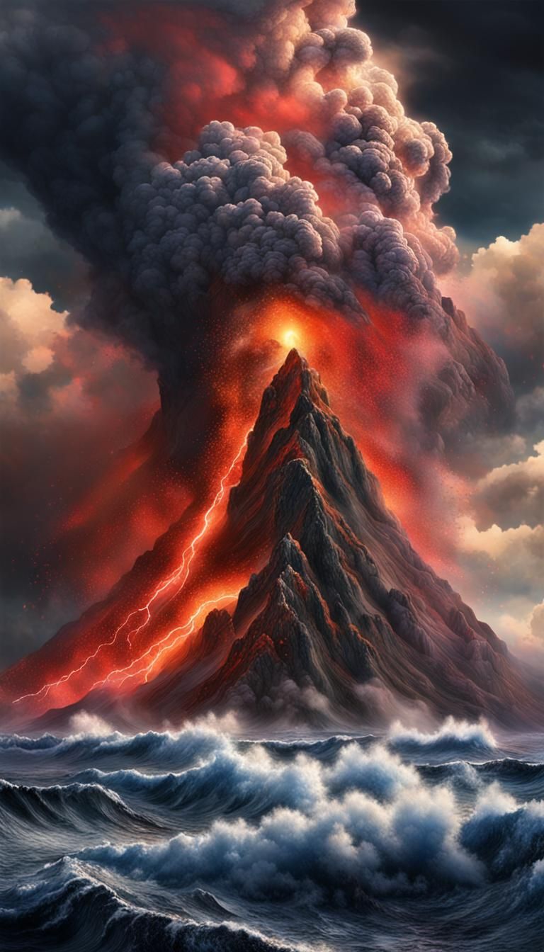 Volcano Storm with Cloud Portal, Hyperrealistic Digital Pain...