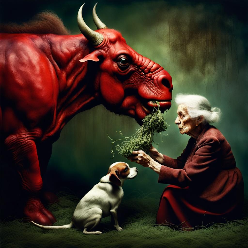 Eerie Photo of Old Woman Feeding Red Beasts