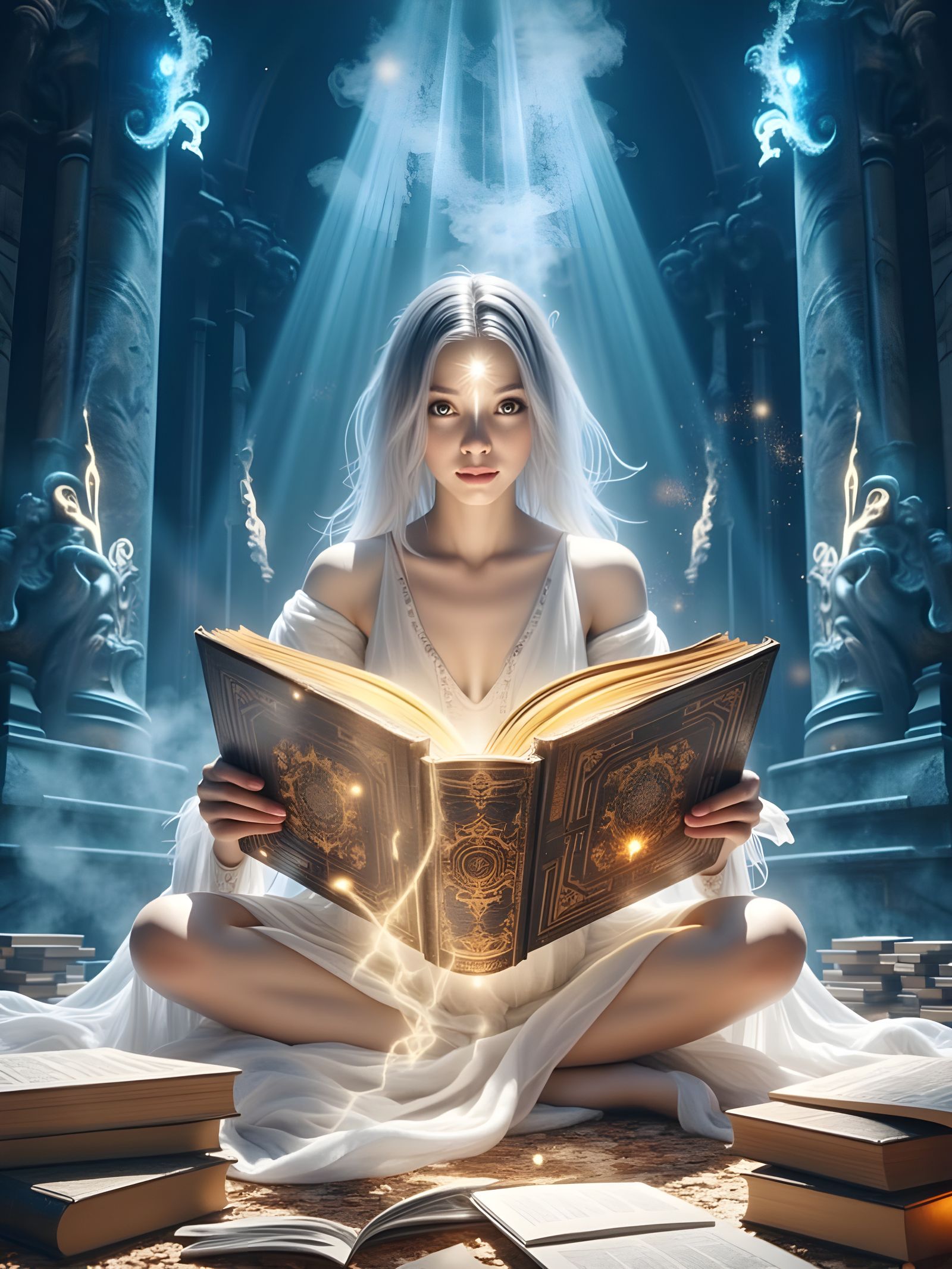 Ethereal Goddess Reads Glowing Tome in Ancient Library