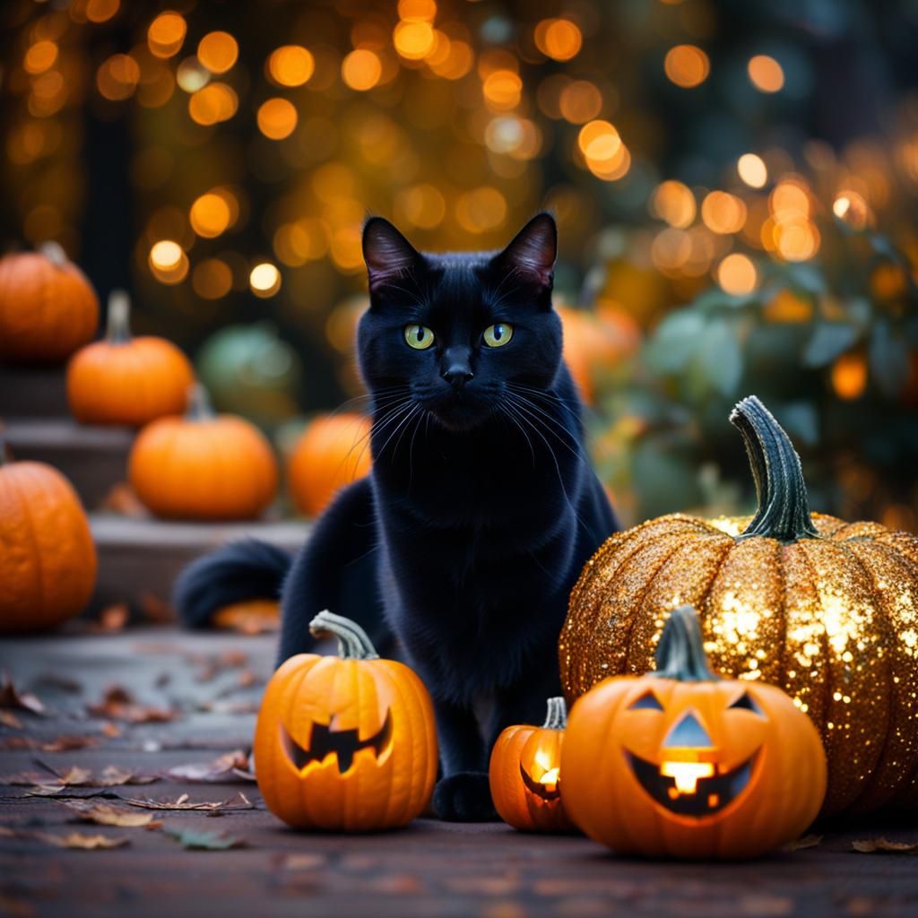 Black Cat Amongst Sparkly Pumpkins in Bokeh