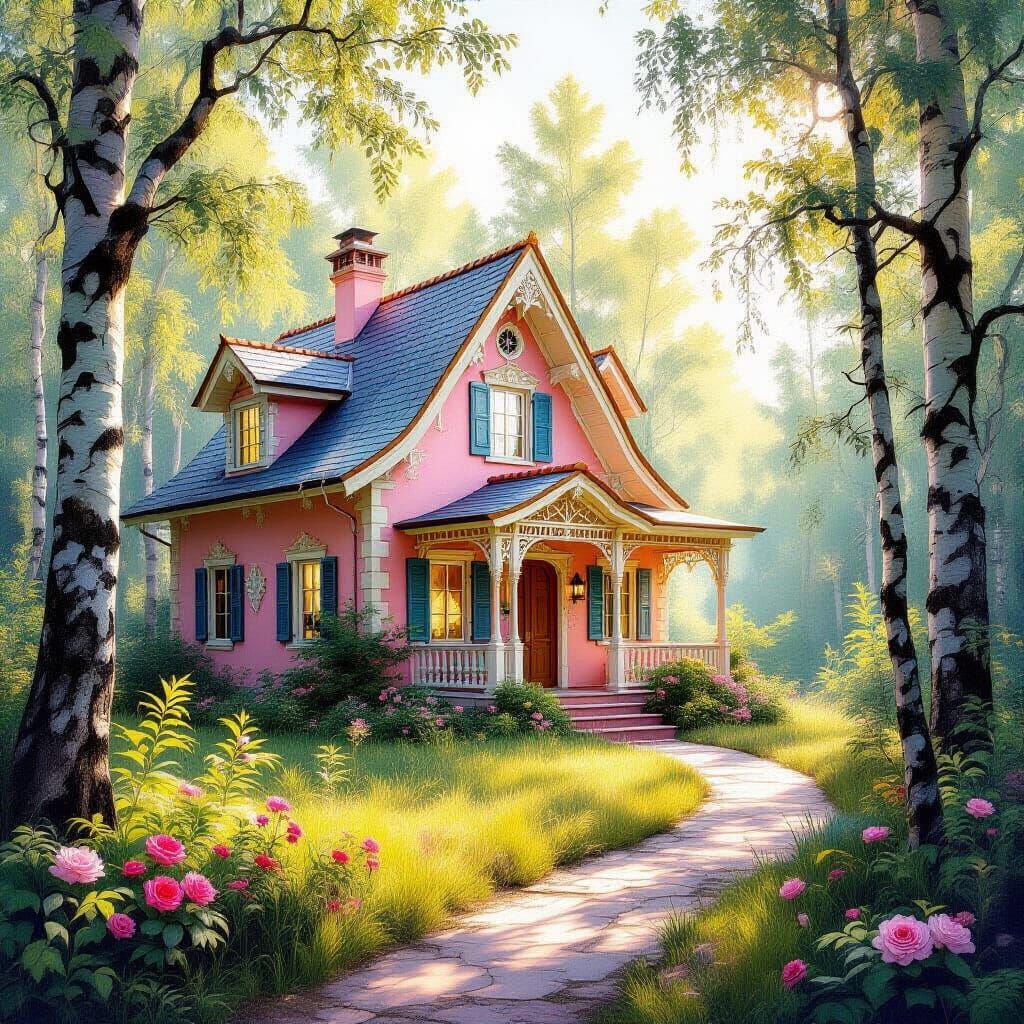 Forest Cottage in Metamodern Impressionist Style